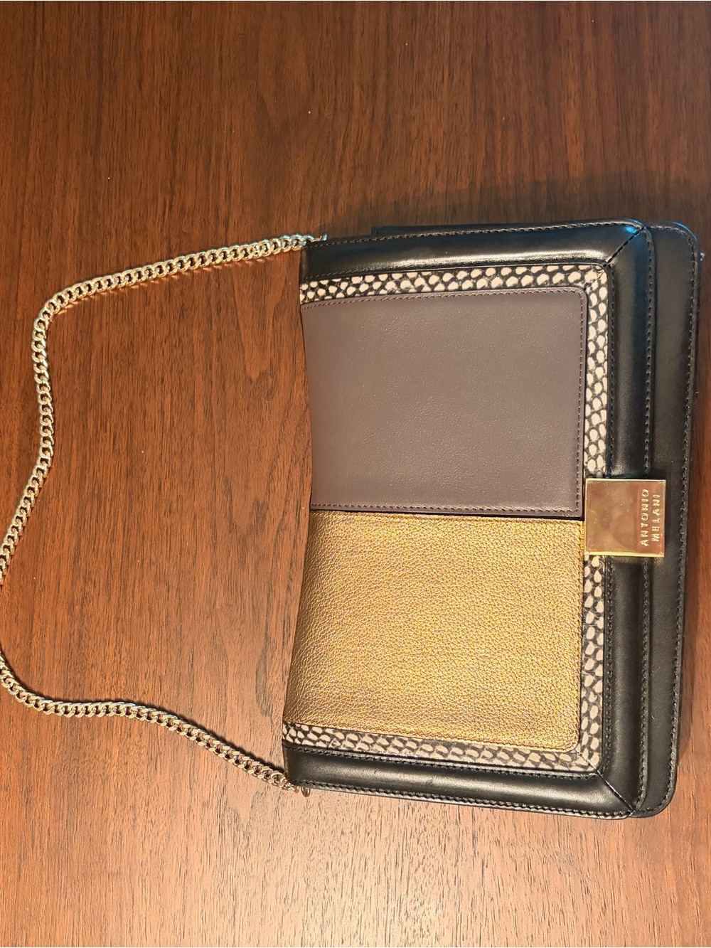 ANTONIO MELANI Black, Brown and Gold Leather Crossbody Bag with Chain